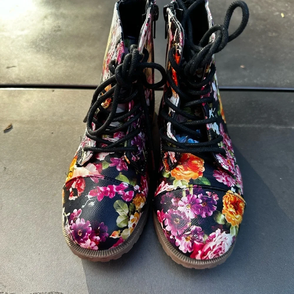 Colorful Floral Kids Lace-Up Boots